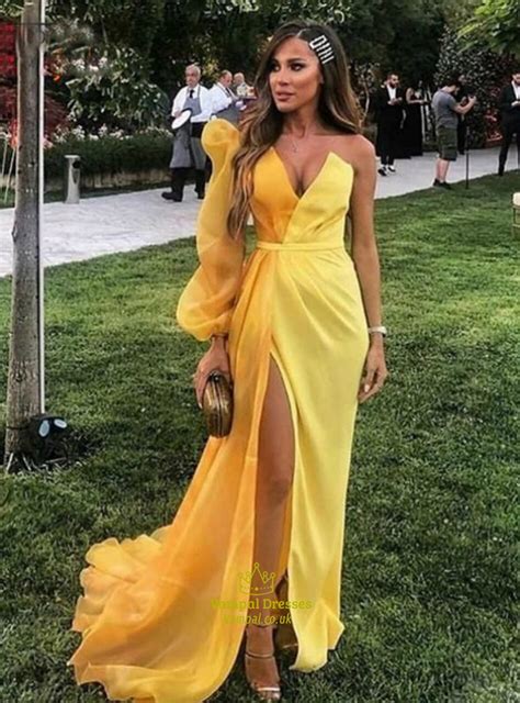 Yellow Mermaid One Shoulder Side Split Prom Dress With One Long Sleeve