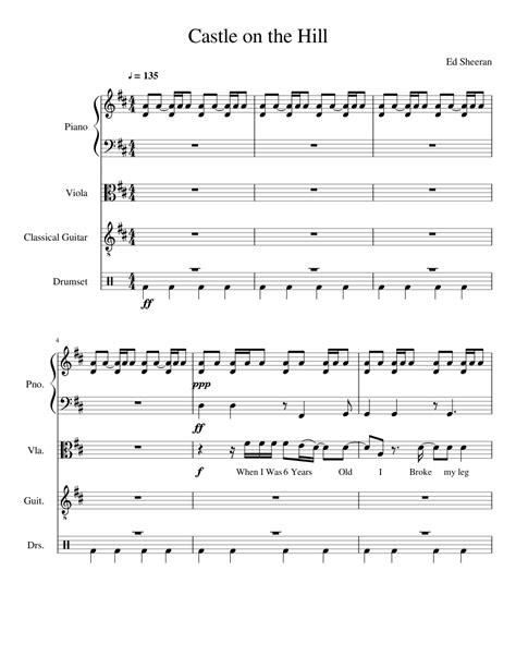 Castle on the Hill Sheet music for Piano, Drum Group, Viola, Guitar (Mixed Quartet) | Musescore.com