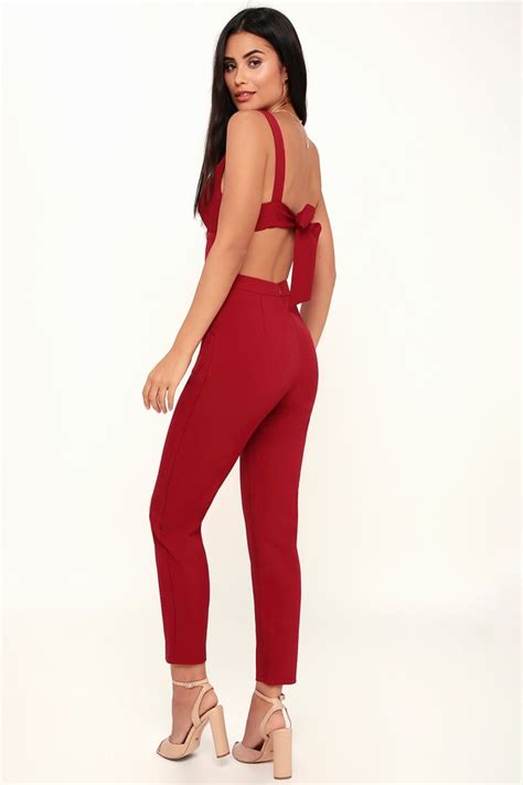 Chic Wine Red Jumpsuit Tie Back Jumpsuit Tapered Leg Jumpsuit Lulus