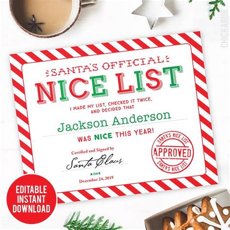 Editable Santas Nice List Certificate Instant Download Nice List