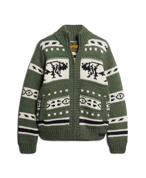 Homme Cardigan zippé en maille épaisse à motifs Vert Buffle Superdry FR