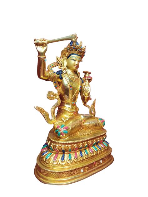 Buddhist Handmade Statue Of Manjushri Full Fire Gold Plated Face