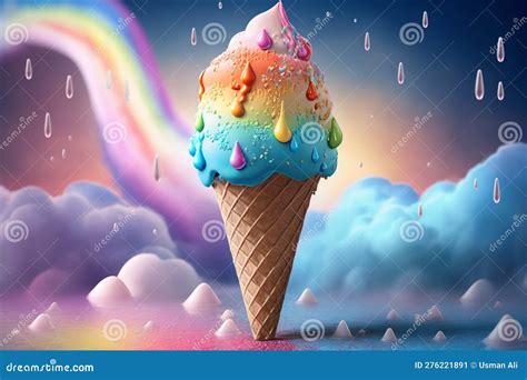 A Close Up Image Of A Rainbow Ice Cream Cone Against A Fantasy Backdrop