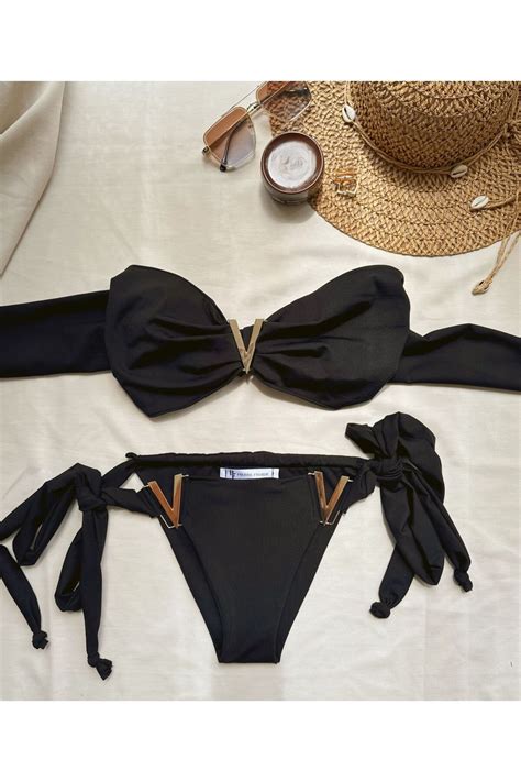 SK TRİKO Siyah Gold Metal Aksesuarlı Straplez Bikini Takımı Fiyatı Yorumları Trendyol