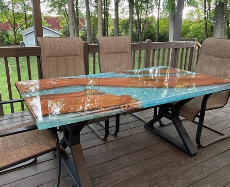 Epoxy Table Custom, Custom Epoxy Table, Mesquit Wood, With Blue Epoxy Resin, Metal Base ...