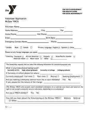 Fillable Online Mcgawymca Volunteer Application McGaw YMCA The McGaw