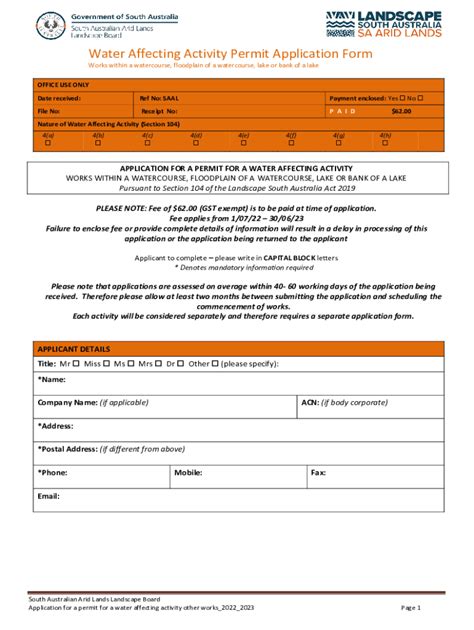 Fillable Online Water Affecting Activitiy Permit Application Form Fax