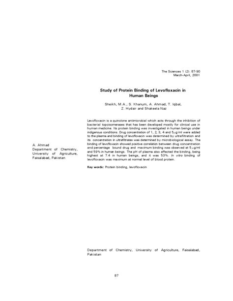 Pdf Study Of Protein Binding Of Levofloxacin In Human Beings