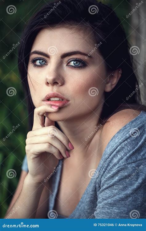 Closeup Portrait Of Pensive Thoughtful Beautiful Young Caucasian Woman