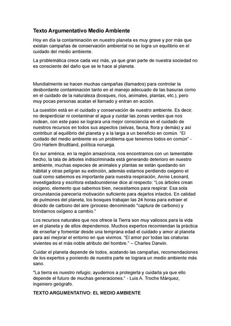 Texto Argumentativo Sobre La Contaminacion Ambiental Texto