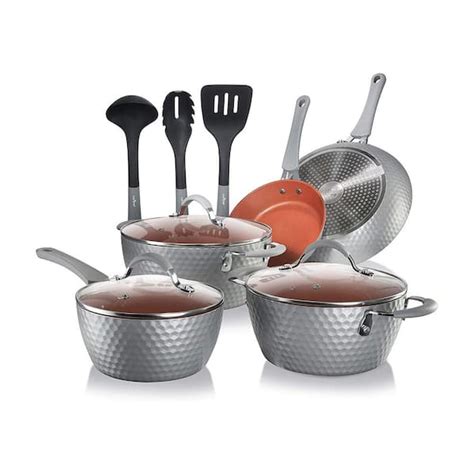 Nutrichef 11 Piece Gray Diamond Pattern Aluminum Nonstick Kitchen Cookware Pot And Pan Set