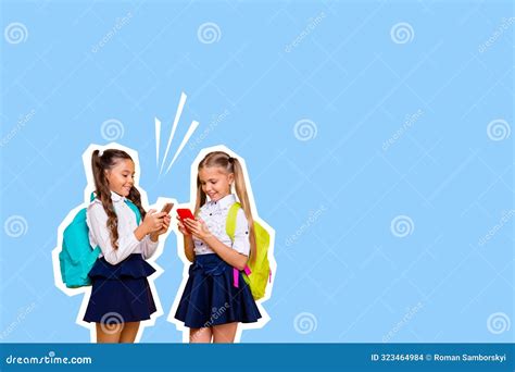 Composite Photo Collage Of Happy Blonde Brunette Schoolgirls Surf Phone Wear Backpack Uniform