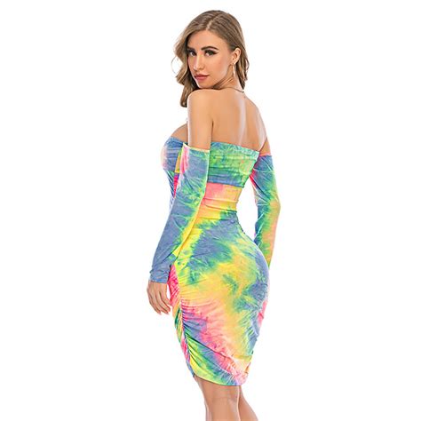 Sexy Multicolor Tie Dye Print Off The Shoulder Long Sleeve Package Hip Dress N20635