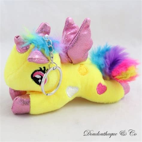 Peluche Porte Cl S Licorne Jaune Ailes Brillantes Coeurs Brod S