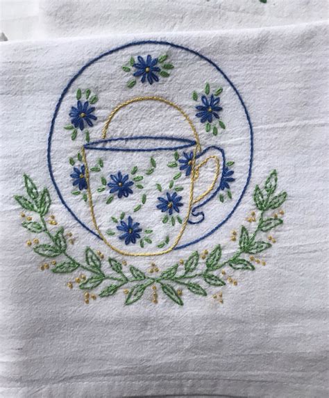 Set Of 7 Hand Embroidered Kitchen Towels With Beautiful Teacups Theme