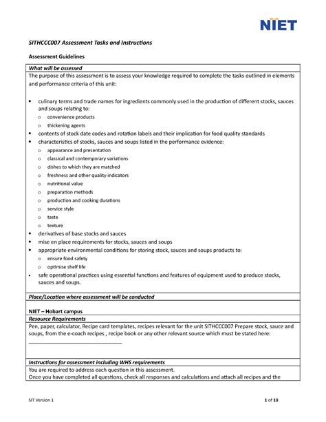 Sithccc 007 Assessment 1 Portfolio SITHCCC007 Assessment Tasks And