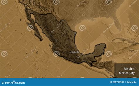 Mexico Border Shape Overlay Bevelled Sepia Elevation Labels Stock