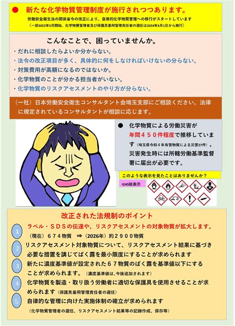 新たな化学物質管理制度が施行されつつあります。 一般社団法人日本労働安全衛生コンサルタント会埼玉支部