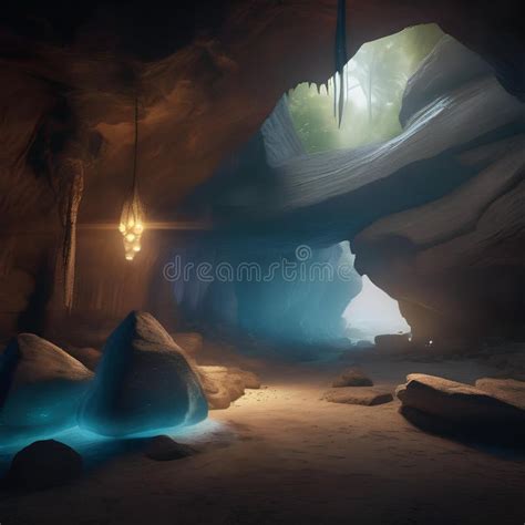 A Mystical Cave With Glowing Crystals And Mysterious Shadows Hinting