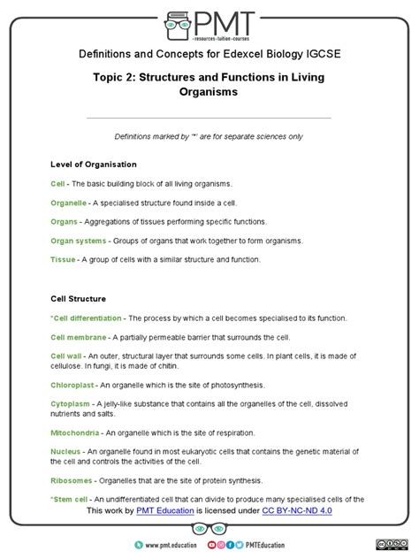 Topic 2 Structures And Functions In Living Organisms Definitions And