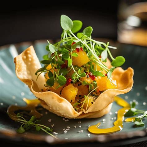 Scallop And Mango Tartare With Spicy Microgreens And Wonton Chips