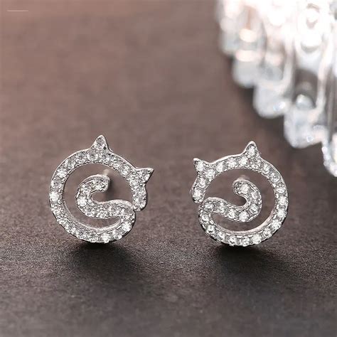 925 Silver Cat Earrings White Cubic Zircon Women 100 S925 Sterling