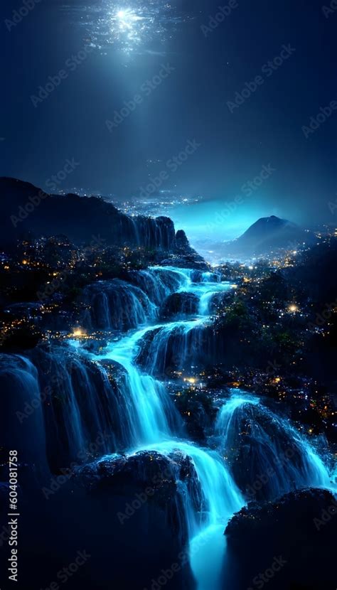 blue dreamy night sky, waterfalls in the sky, mountain waterfalls under ...