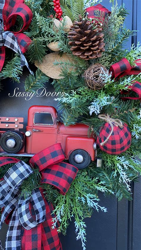 Red Truck Christmas Wreath Buffalo Plaid Truck Wreath Red Truck