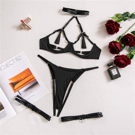 Cupless Bras Sex Naughty Halter Hollow Tassel Underwire Bra And Panty Sets Leg Ring Role Play