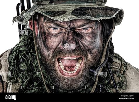 United States Commando Face Studio Shot Mouth Opened Soldier Yelling