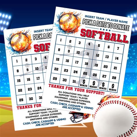 Editable Softball Sports Fundraiser Donation Calendar Pick A Date To