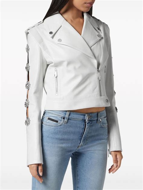 Philipp Plein Crystal Embellished Biker Jacket White FARFETCH