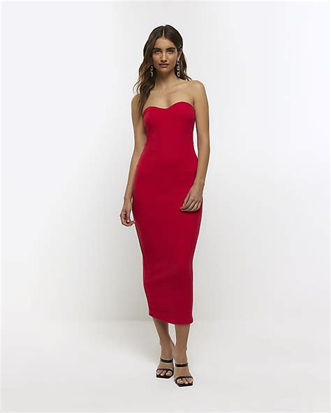 Red Bandeau Bodycon Midi Dress River Island