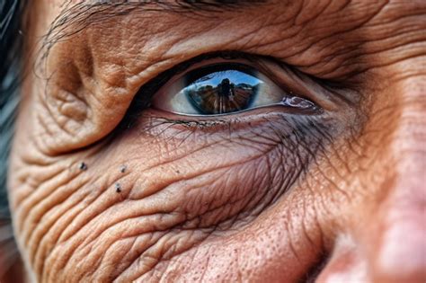 Primer Plano Del Ojo De Una Persona Mayor Reflejo Del Paisaje En El Ojo