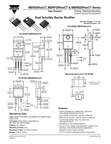 MBRF20H35CT Vishay Siliconix Rectifier Hoja de datos Ficha técnica