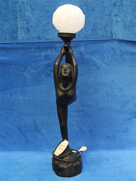 Lot Large Decorator Table Lamp Of Nude Dancing Lady Needs To Be Rewired Glass Shade Approx