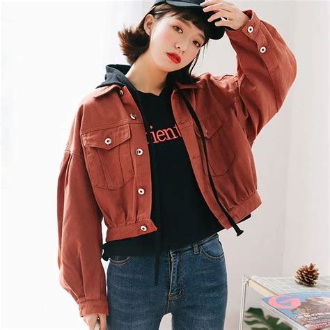 New Fashion Orange Bomber Jackets Jeans Women Loose Lantern Sleeves Motorcycle Jacket Female ...