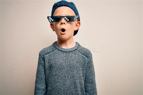 Young Little Caucasian Kid Wearing Internet Meme Thug Life Glasses Over ...