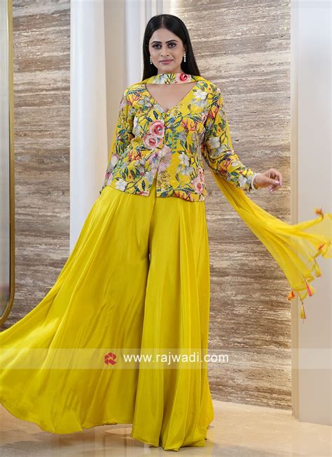 Yellow Palazzo Suit With Designer Short Kurti