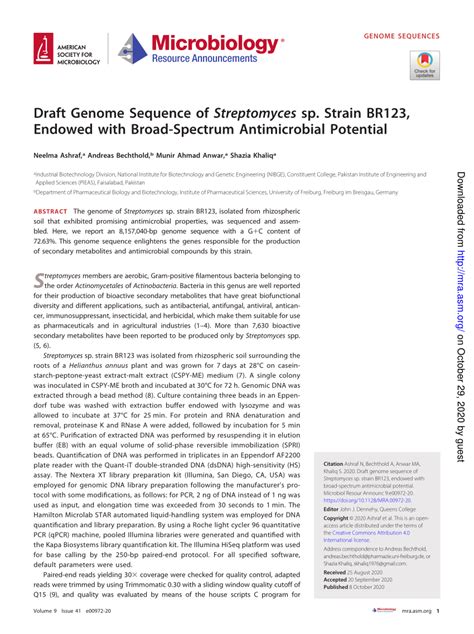 Pdf Draft Genome Sequence Of Streptomyces Sp Strain Br123 Endowed