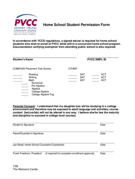 Fillable Online PVCC Home School Student Permission Form PVCC Home