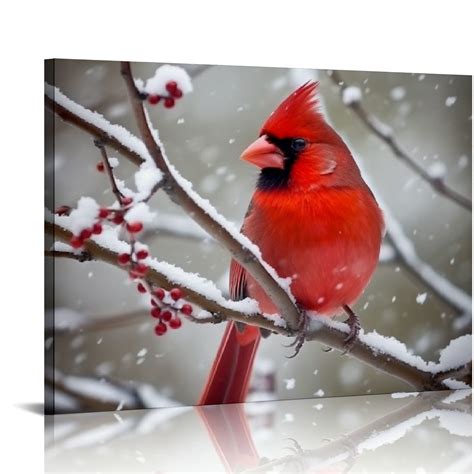 JEUXUS Painting Canvas Wall Art Red Cardinal Bird Nature Winter Snow ...