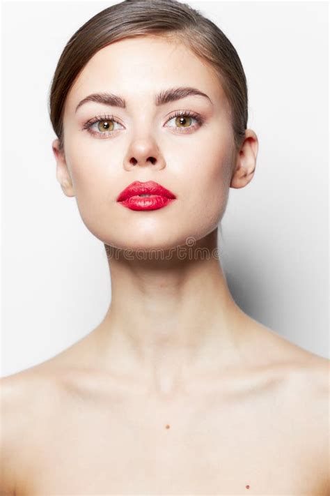 Woman With Naked Shoulders Attractive Look Red Lips Glamor Stock Photo