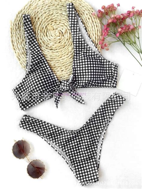 By Dhl Pcs New Women Thong Plaid Front Tie Bikini Set Checked