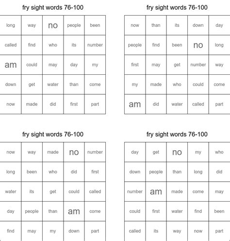 Fry Sight Words 76 100 Bingo Cards WordMint