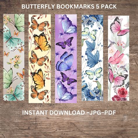 Printable Butterfly Bookmarks Set Of 5 Butterfly Bookmarks Printable