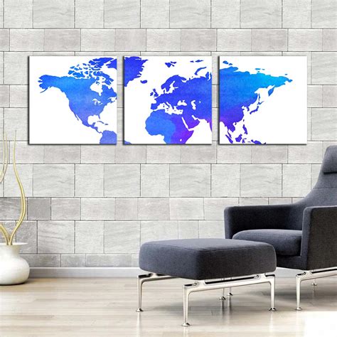 World Map Canvas Wall Art, Detailed World Map 3 Piece Canvas Set, Blue ...