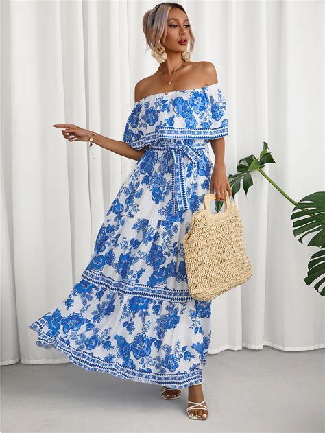 Shein Vcay Floral Print Off Shoulder Ruffle Hem Belted Dress Shein Usa