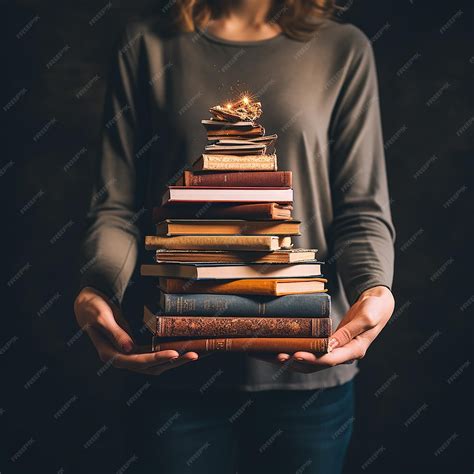 Premium Photo Person Holds A Book Over A Stack