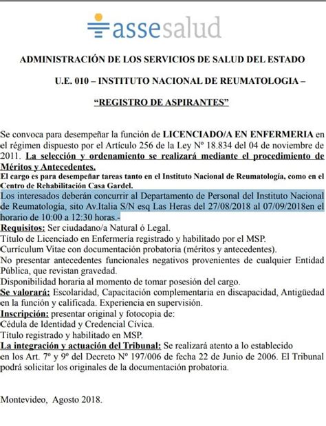 Llamado Asse Licenciado En Enfermer A Agosto Setiembre